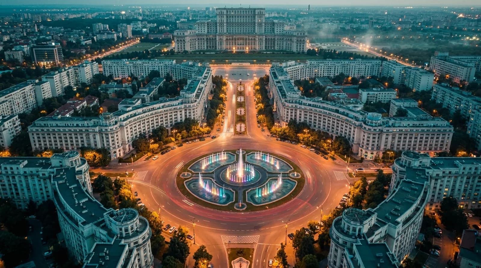 Vedere aeriana Bucuresti - Piata Unirii si Palatul Parlamentului
